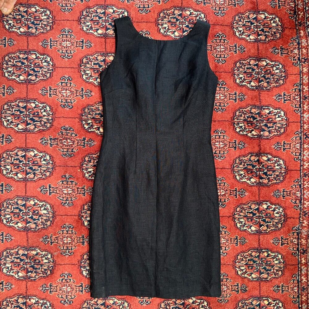 Rebecca Thomas 2‎ Black Linen Classic Sleeveless Sheath Dress Lined, MINT